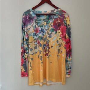 Soft Surroundings Yellow Multicolor Floral V-Neck Style #2BE51 Top Size L